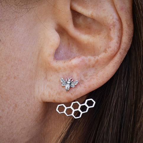 Sterling Silver Honey Bee and Honeycomb Ear Jacket 22x17mm