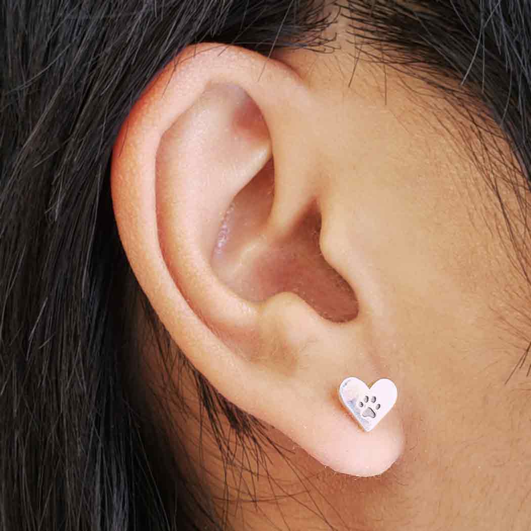  Sterling Silver Heart Post Earrings with Paw Print 7x8mm