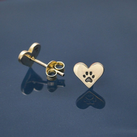 Sterling Silver Heart Post Earrings with Paw Print 7x8mm