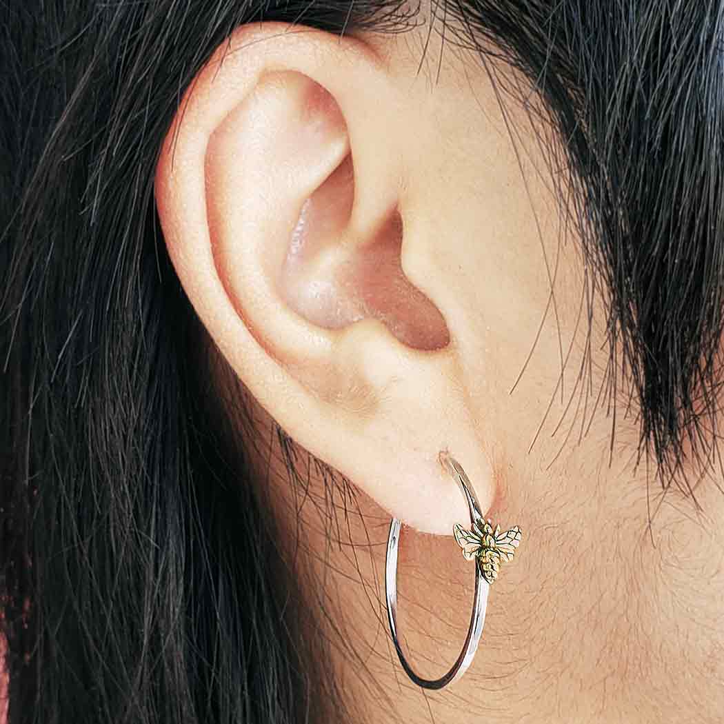 Sterling Silver Hoop Earring with Bronze Bee 30x27mm