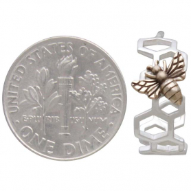 Silver Honeycomb Hoop Huggie Earring with Bronze Bee 17x15mm