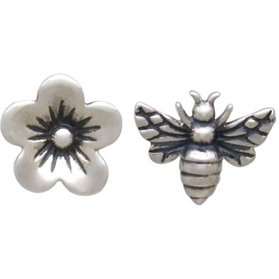 Sterling Silver Post Earrings Cherry Blossom and Bee 7x7mm