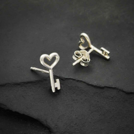 Sterling Silver Heart Key Post Earrings 12x7mm