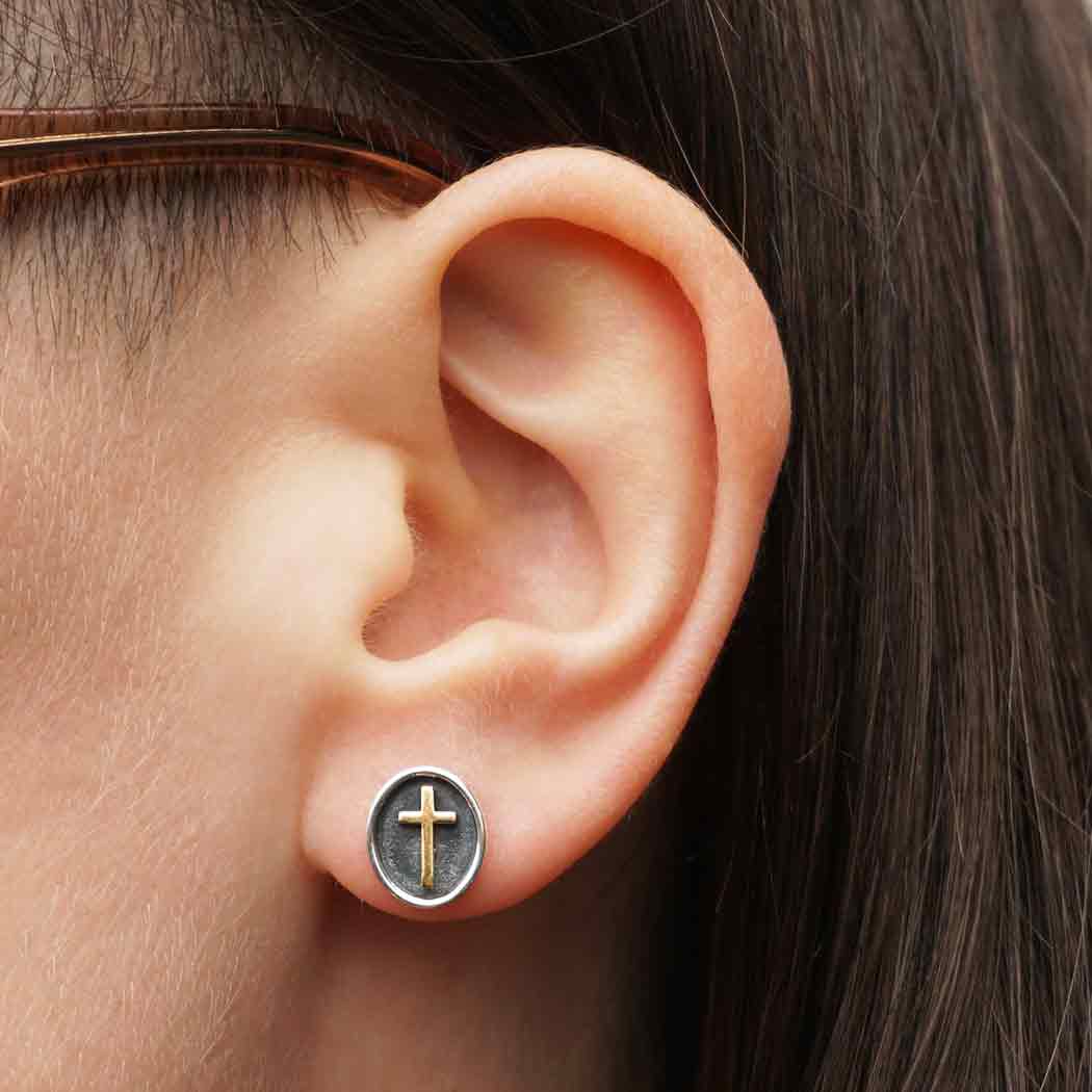  Sterling Silver Shadow Box Earring with Bronze Cross 10x9mm