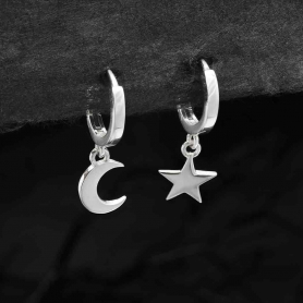 Silver Huggie Hoop Earrings with Star and Moon 22x11mm