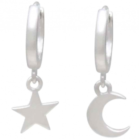 Silver Huggie Hoop Earrings with Star and Moon 22x11mm