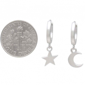 Silver Huggie Hoop Earrings with Star and Moon 22x11mm