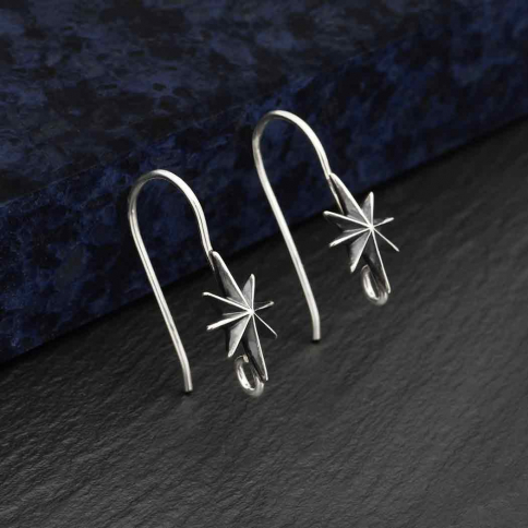  Sterling Silver Star Hook Earrings with Loop 21x8mm