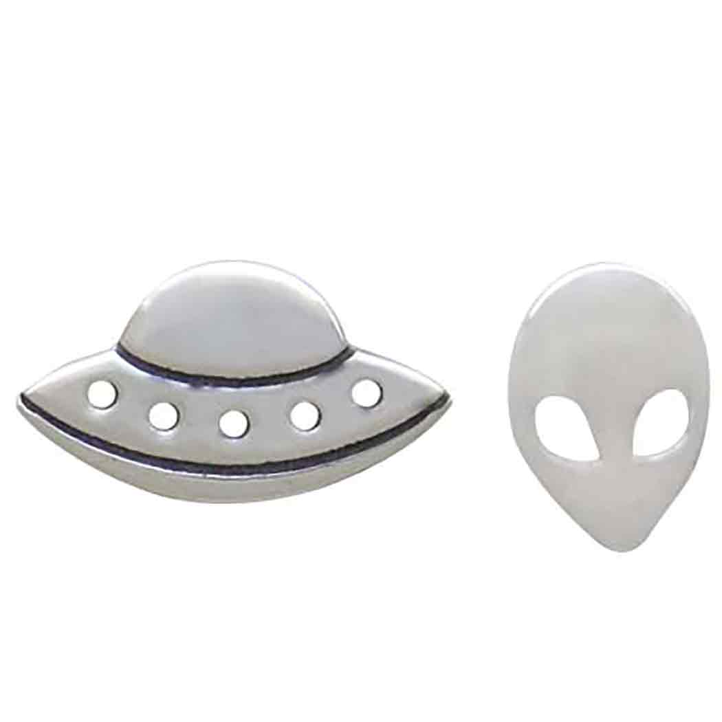 Sterling Silver Mismatched Alien and UFO Post Earrings