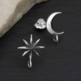 Silver Ridged Star and Moon Post Earrings with Loop 14x8mm
