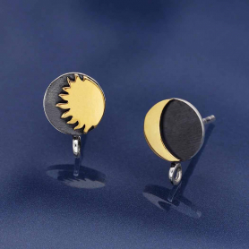 Mixed Metal Sun and Moon Post Earrings with Loop 11x8mm