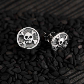 Sterling Silver Skull and Crossbones Post Earrings 9x9mm