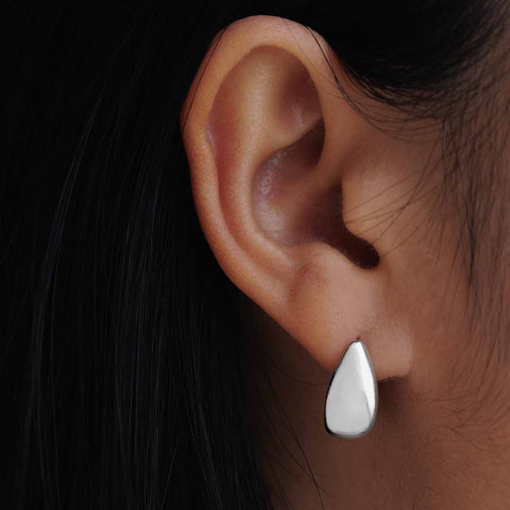 Sterling Silver Large Teardrop Huggie Hoop Earrings 15x8mm on ear
