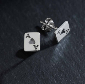 Silver Ace of Hearts Playing Card Post Earrings 8x6mm
