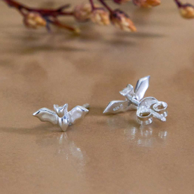Sterling Silver Dimensional Tiny Bat Post Earrings 5x10mm