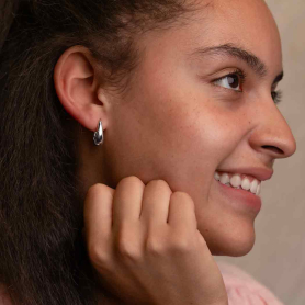 Sterling Silver Long Teardrop Huggie Hoop 18x7mm on model