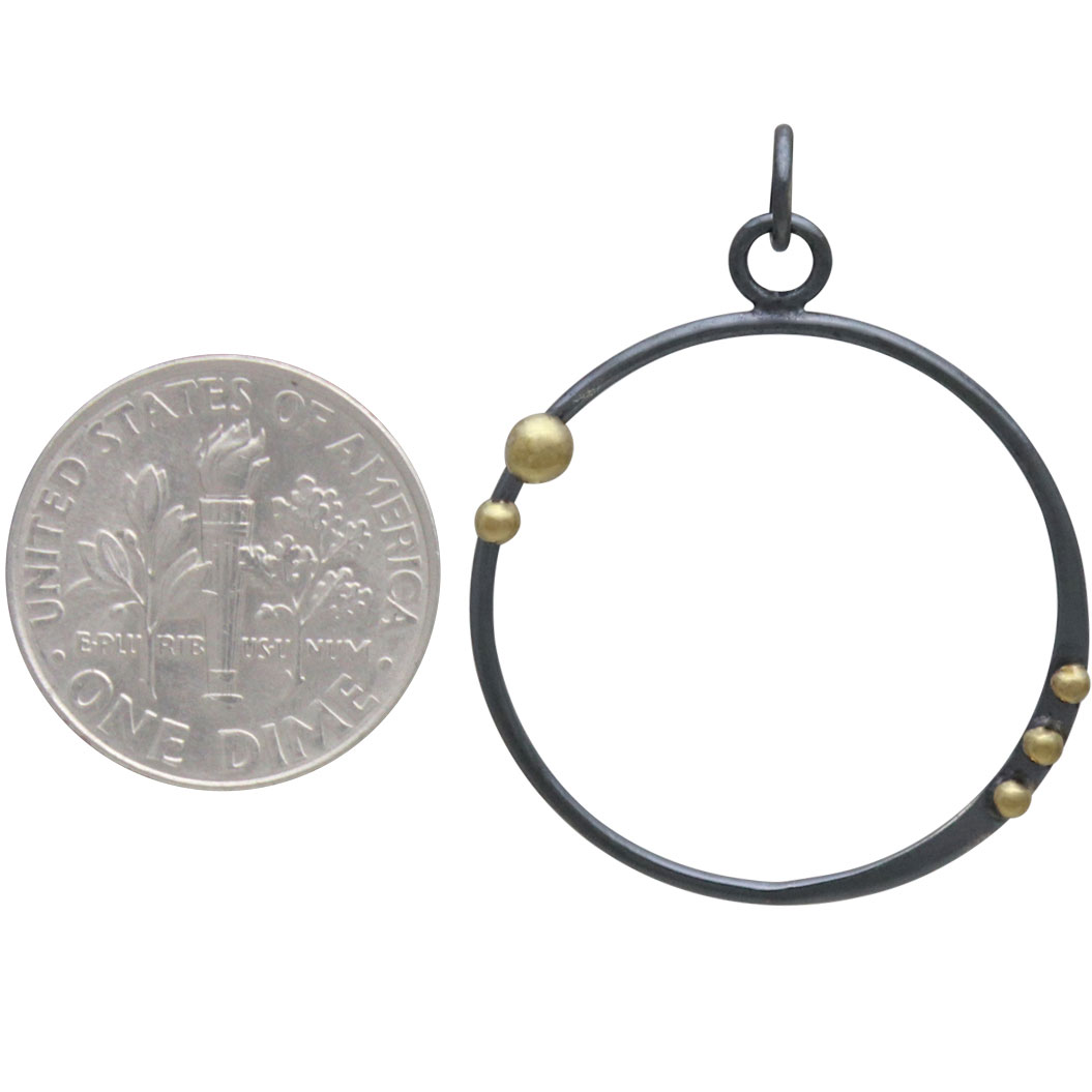 Silver Black Finish Circle Charm with Bronze Dots 34x26mm