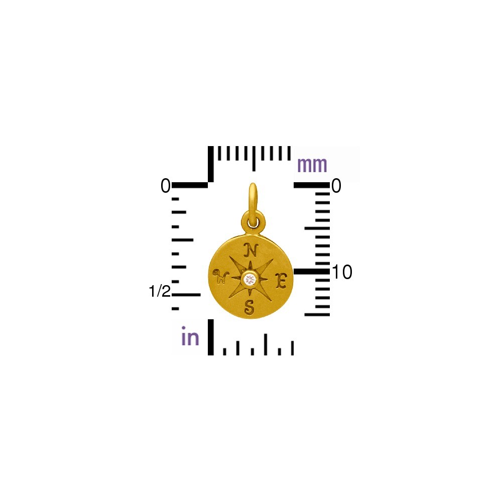 Gold Charm - Compass with Diamond in 24K Gold Plate 16x10mm