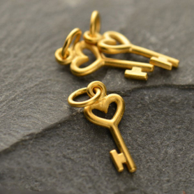 Gold Charm - Tiny Heart Key with 24K Gold Plate 18x6mm
