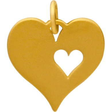 24K Gold Plated Heart Charm with One Heart Cutout 17x13mm