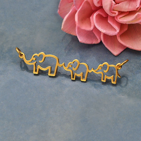24K Gold Plated Mama and Two Baby Elephant Festoon 12x45mm