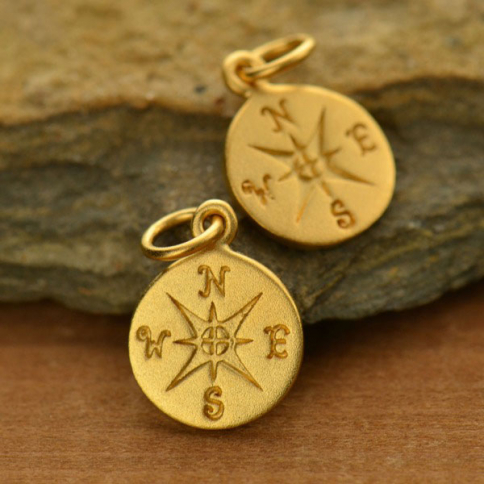 24K Gold Plated Sterling Silver Compass Charm 16x10mm