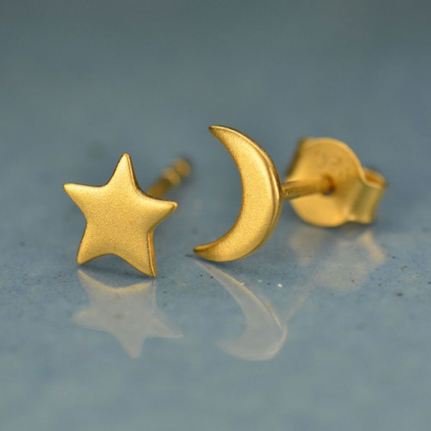 Gold Stud Earrings - Star and Moon in 24K Gold Plate 7x5mm