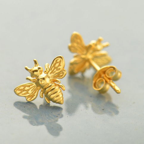 Gold Stud Earrings - Bumble Bee in 24K Gold Plate 9x11mm