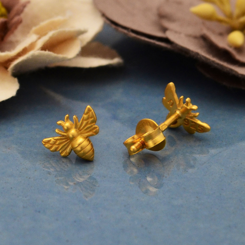 24K Gold Plated Tiny Bee Post Earrings 6x8mm