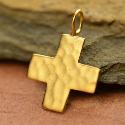 Gold Charm - Hammered Cross with 24K Gold Plate 20x15mm