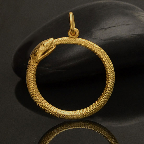 Gold Pendant - Ouroboros Snake in 24K Gold Plate 26x21mm