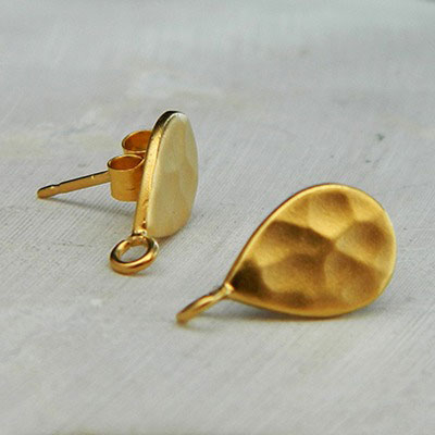24K Gold Plated Stud Earring Part - Hammered Teardrop 13x7mm