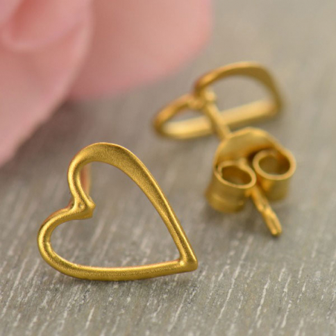  24K Gold Plated Stud Earrings - Openwork Heart 9x8mm