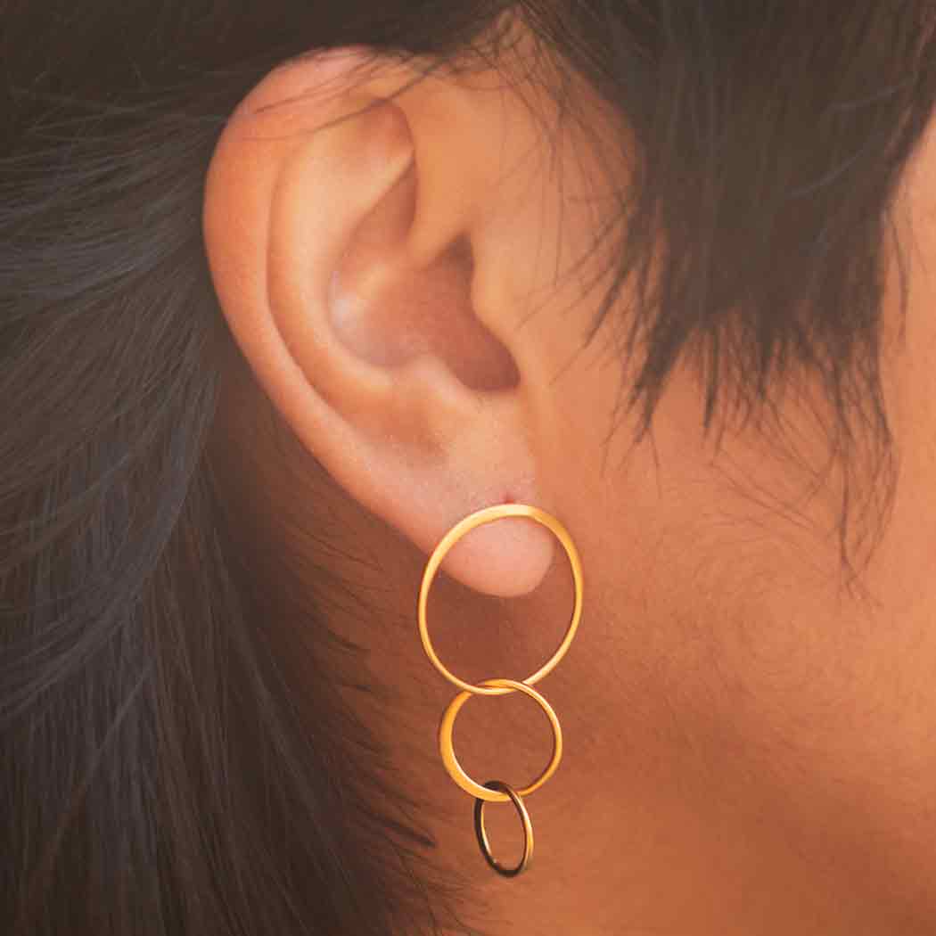24K Gold Plated Three Graduated Circle Stud Earrings 37x19mm