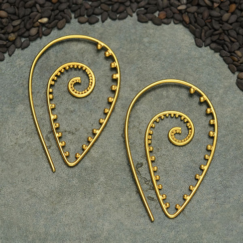 24K Gold Plated Spiral Earrings with Granulation 39x24mm