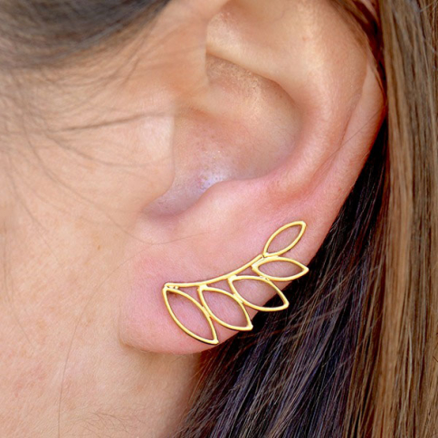Gold Earring Climber-Leaf Shape in 24K Gold Plate 23x11mm