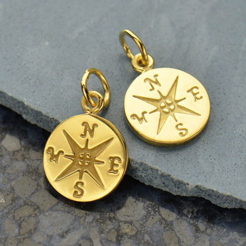 14K Shiny Gold Plated Sterling Silver Compass Charm 16x10mm