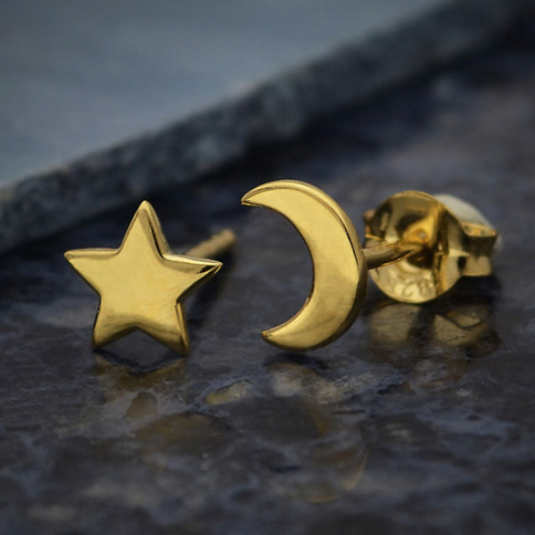14K Shiny Gold Plated Star and Moon Post Earrings 7x5mm