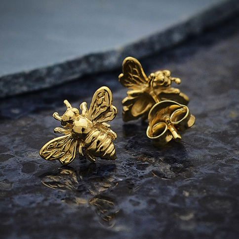 14K Shiny Gold Plated Bee Post Earring 9x11mm