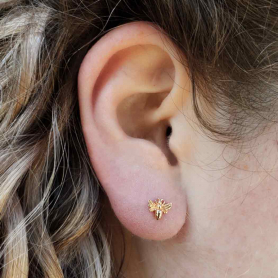 14K Shiny Gold Plated Tiny Bee Post Earrings 6x8mm