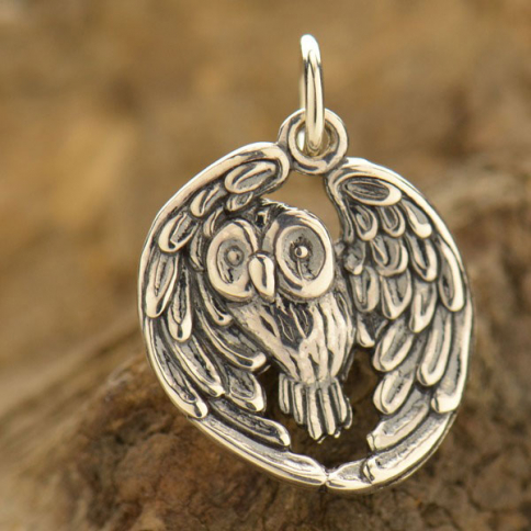 Sterling Silver Owl Pendant - Realistic 22x15mm