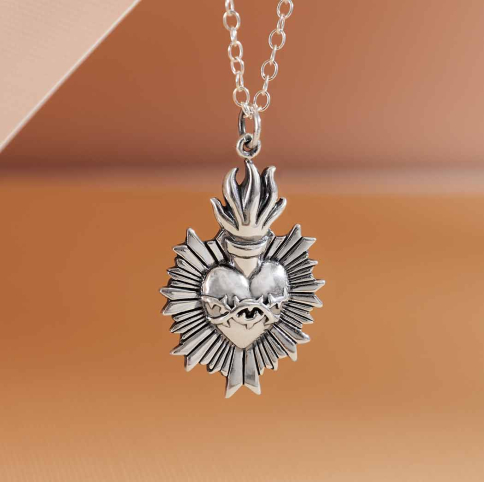 Sterling Silver Flaming Sacred Heart Necklace