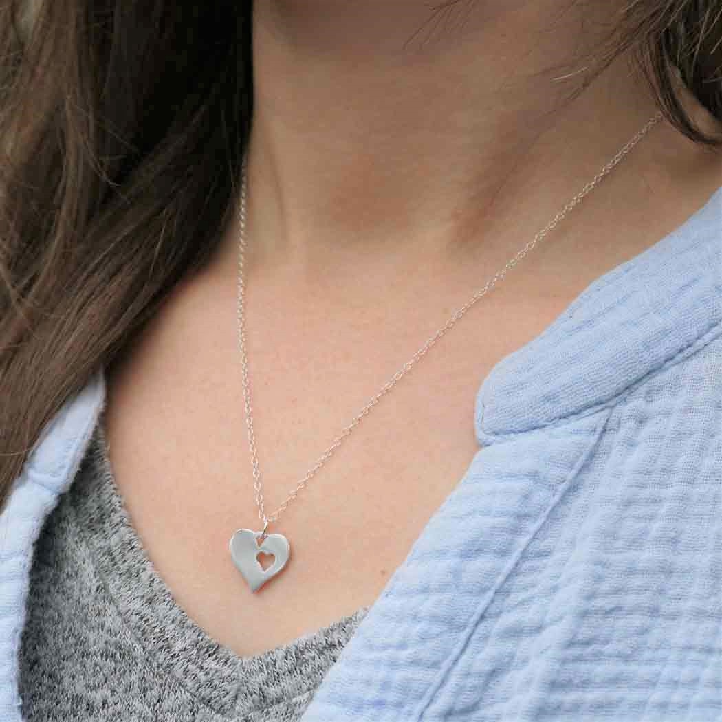 Sterling Silver 18 Inch Heart Necklace with Heart Cutout