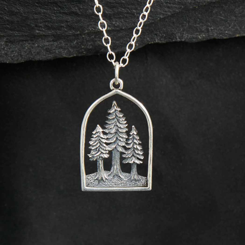 Sterling Silver Dimensional Pine Tree Forest Necklace