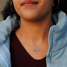 Sterling Silver 18 Inch Dragonfly Charm Necklace on neck