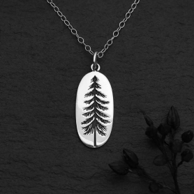 Sterling Silver 18 Inch Oval Pine Tree Necklace