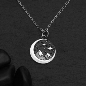 Silver 18 Inch Snow Capped Mountain w Stars Necklace