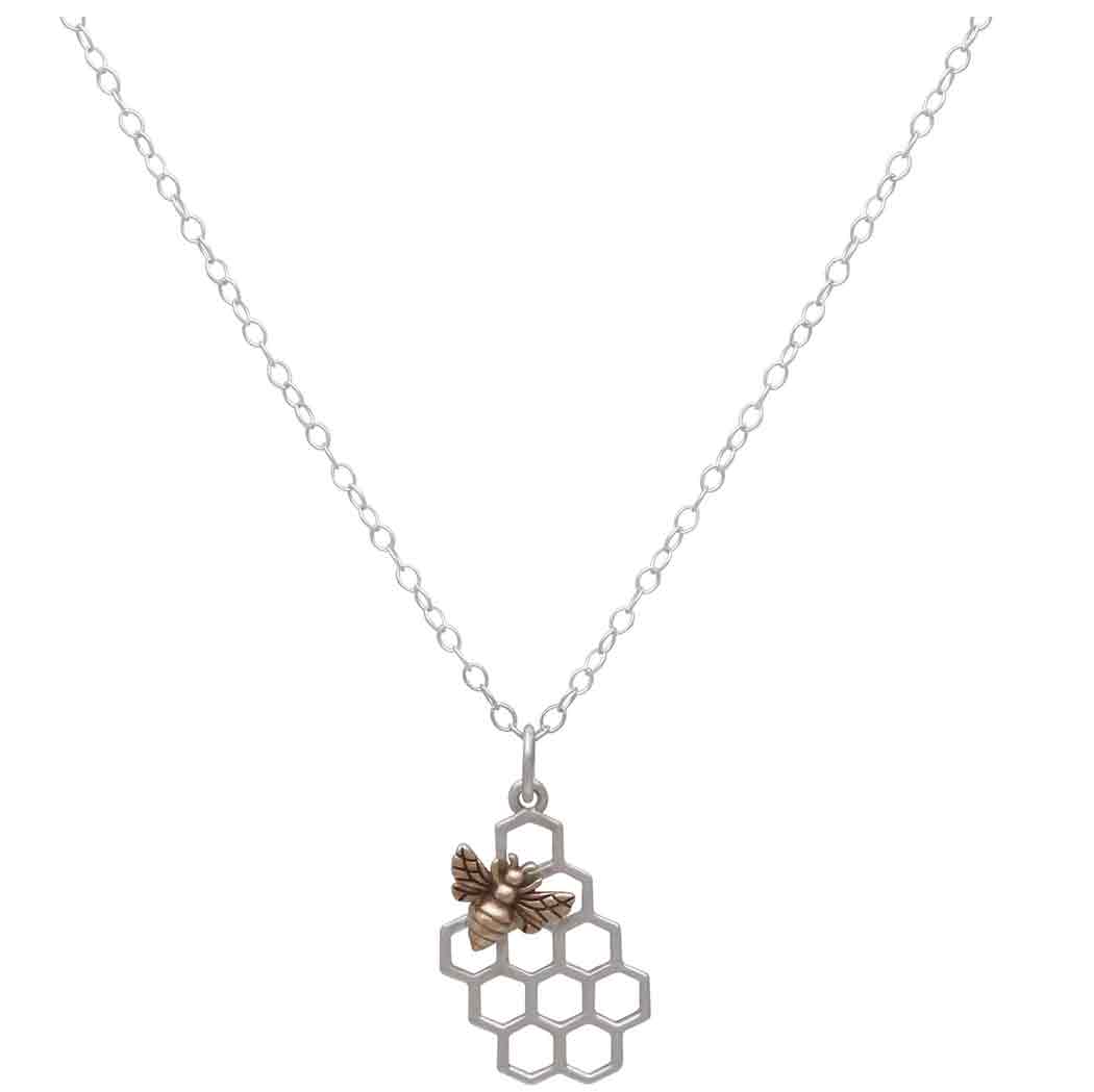 Sterling Silver Honeycomb Necklace with Bronze Bee
