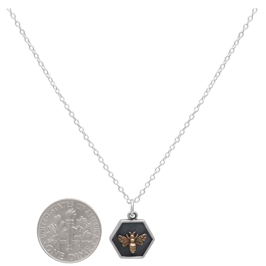 Silver 18 Inch Hexagon and Bronze Bee Charm Necklace