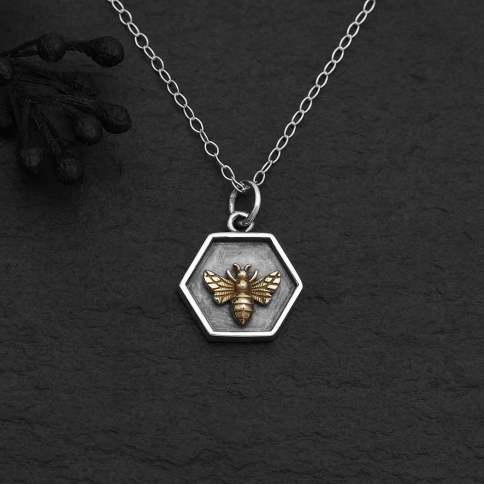 Silver 18 Inch Hexagon and Bronze Bee Charm Necklace